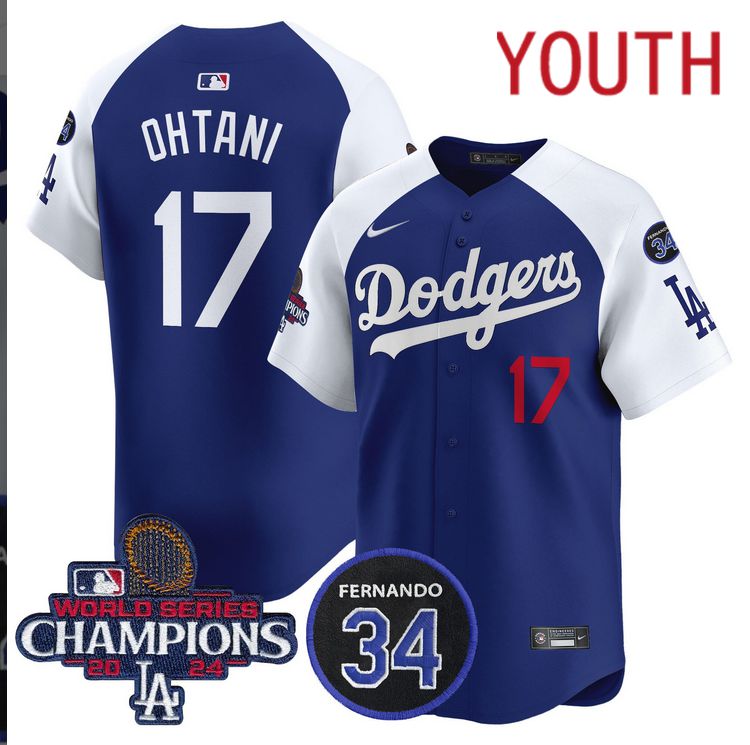 Youth MLB Los Angeles Dodgers #17 Ohtani blue 2024 World Series Champions Patch Limited Jersey